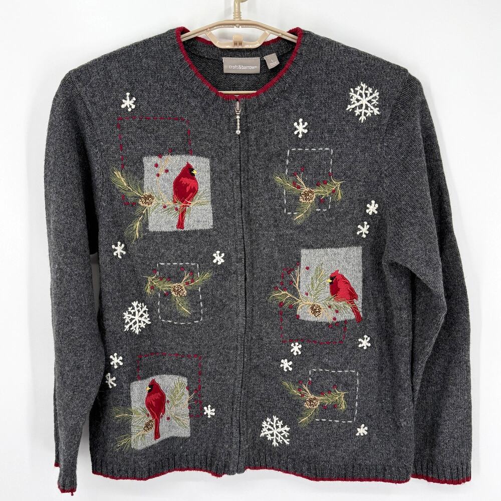 Croft & Barrow Vintage Cardinal Zip Cardigan Sweater Embroidered Gray Size Large